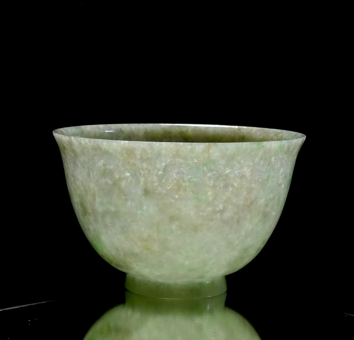 China, Translucent Celadon Jade Speckled Old Cup Or Bowl Resting On Small Base, Qing Period, Late 19th-early 20th-photo-1