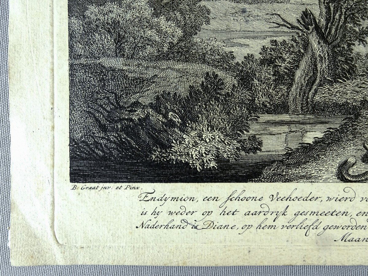 Beautiful Engraving To 17th Century, Burin By Matthys Pool, Diane Visits Endymion Asleep, Printing On Laid Paper Of Period-photo-3