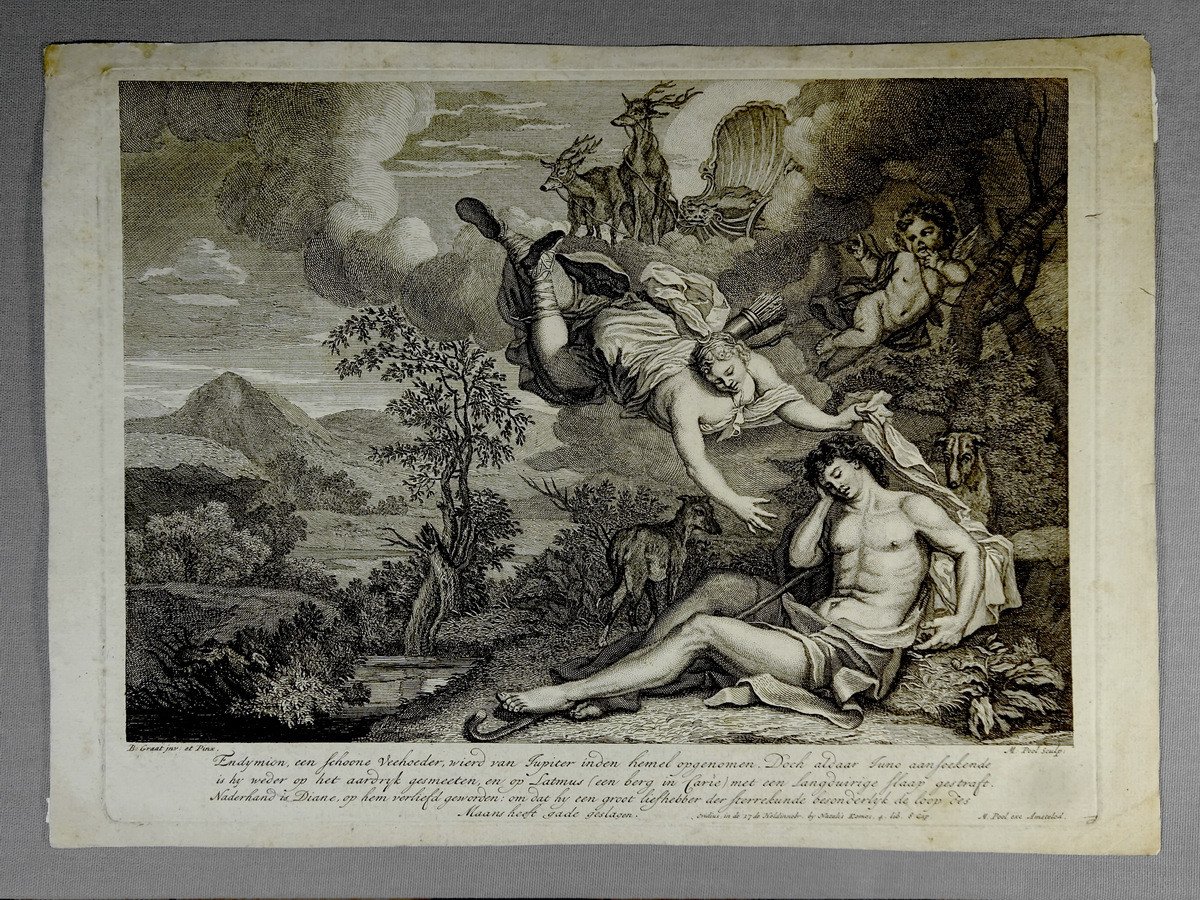 Beautiful Engraving To 17th Century, Burin By Matthys Pool, Diane Visits Endymion Asleep, Printing On Laid Paper Of Period-photo-8