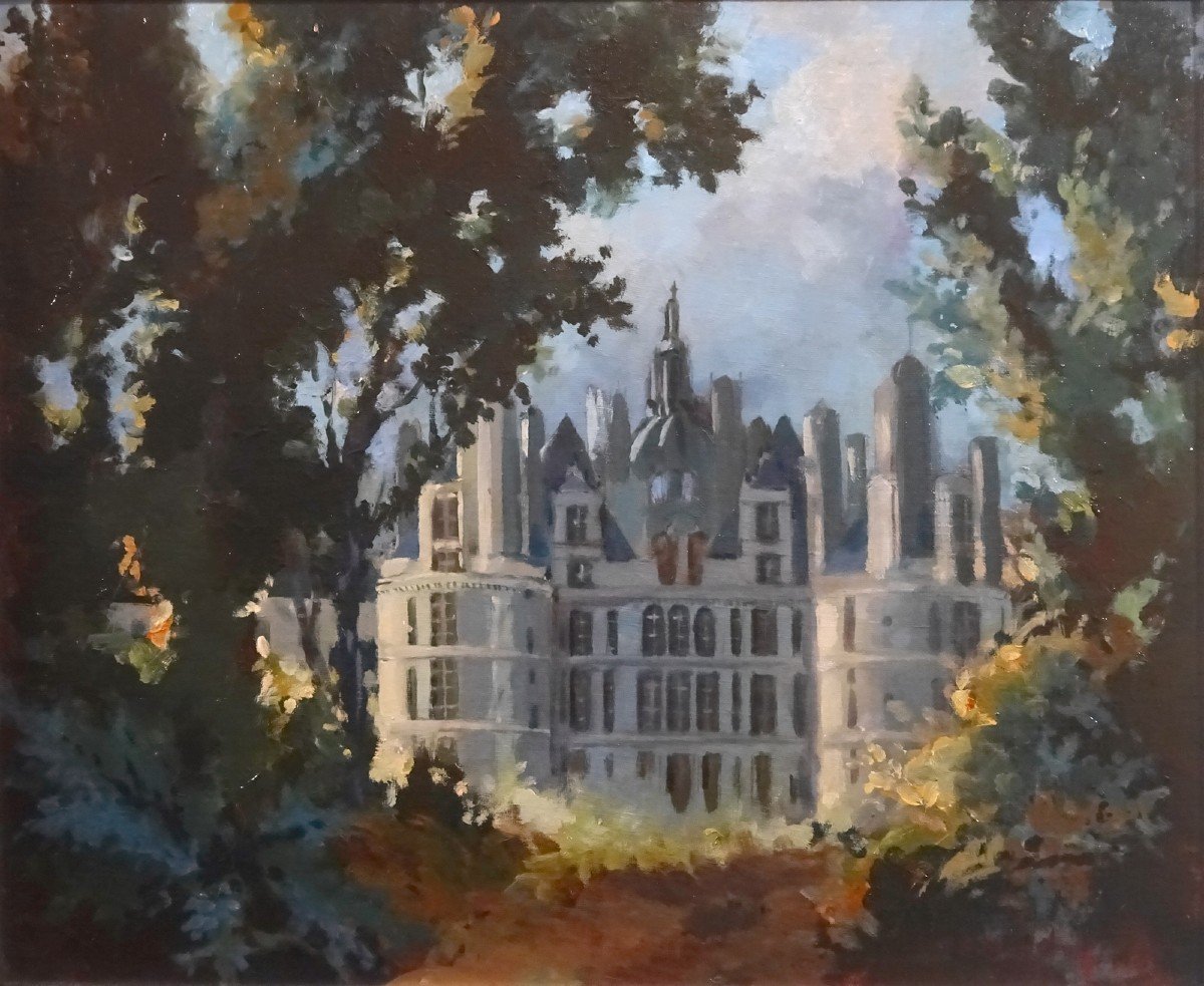 Peinture à l'Huile Figurant Le Château De Chambord Vu d'une Percée Dans Les Frondaisons, Belle Signature à Identifier-photo-3