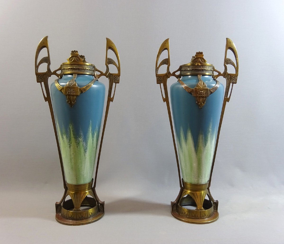 Paire de Vases Art-nouveau En C&eacute;ramique Et Monture Bronze , Jugendstil Style De Johann von Schwarz, Circa 1910-photo-3