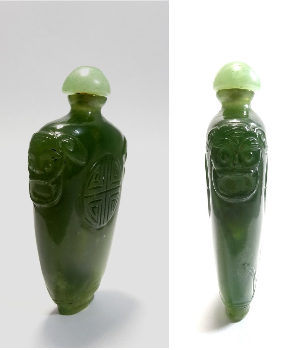 Beau Flacon Tabati&egrave;re ou Snuff Bottle du XIXeme en Jade  Vert &Eacute;pinard, de Forme Gourde &agrave; Panse Aplatie-photo-4