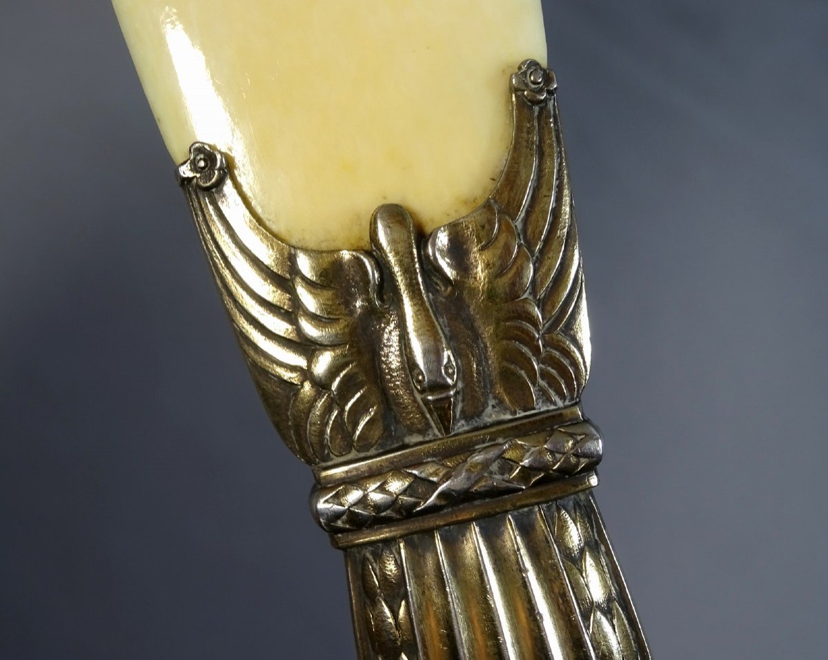 19th Century, Letter Opener Or Paper Cup, Silver Vermeil And Ivory, Empire Style Model Decorated With Swans And Palmettes-photo-3