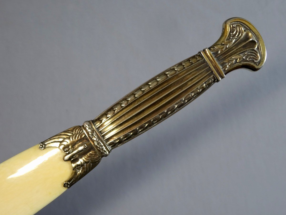 19th Century, Letter Opener Or Paper Cup, Silver Vermeil And Ivory, Empire Style Model Decorated With Swans And Palmettes-photo-4