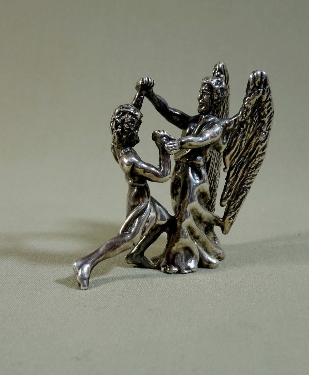 Sculpture Statuette Judaica En Argent, Lutte De Jacob Isra&euml;l Avec l&#039;Ange, Fonte &agrave; Cire Perdue, Travail &eacute;ventuel de La Duchesse d&#039;Uz&egrave;s-photo-2