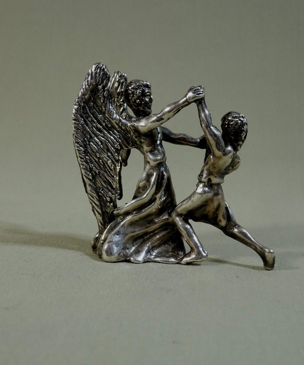 Sculpture Statuette Judaica En Argent, Lutte De Jacob Isra&euml;l Avec l&#039;Ange, Fonte &agrave; Cire Perdue, Travail &eacute;ventuel de La Duchesse d&#039;Uz&egrave;s-photo-3