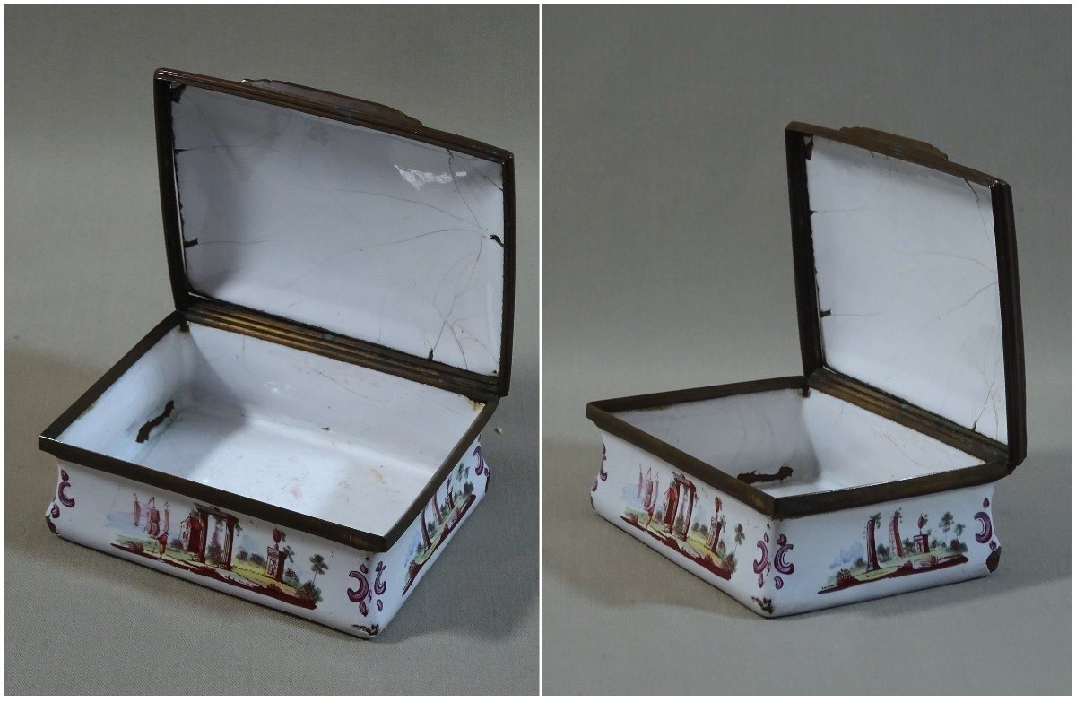 Charming 18th Century Box In Enamelled Copper With Painted Decor Of A Gallant Scene And Architectures-photo-5