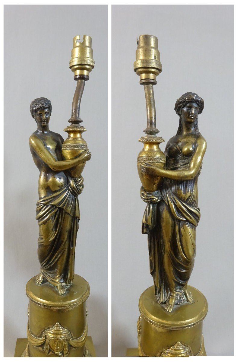 Paire de Statuettes &agrave; l&#039;Antique Sur Pi&eacute;destal Colonne, Epoque Restauration, Mont&eacute;e Post&eacute;rieurement en Lampe-photo-2