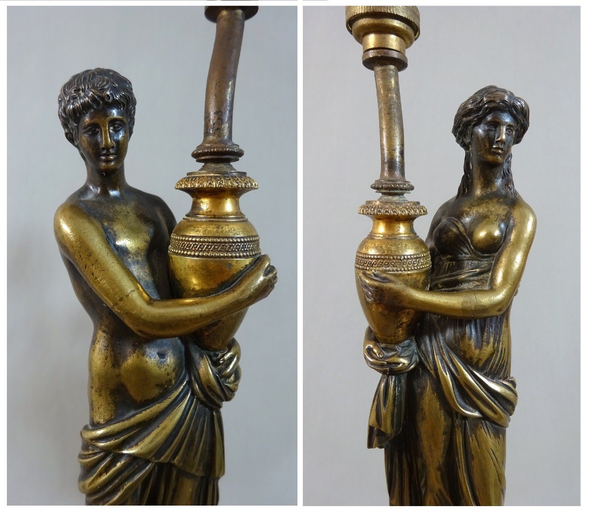 Paire de Statuettes &agrave; l&#039;Antique Sur Pi&eacute;destal Colonne, Epoque Restauration, Mont&eacute;e Post&eacute;rieurement en Lampe-photo-3