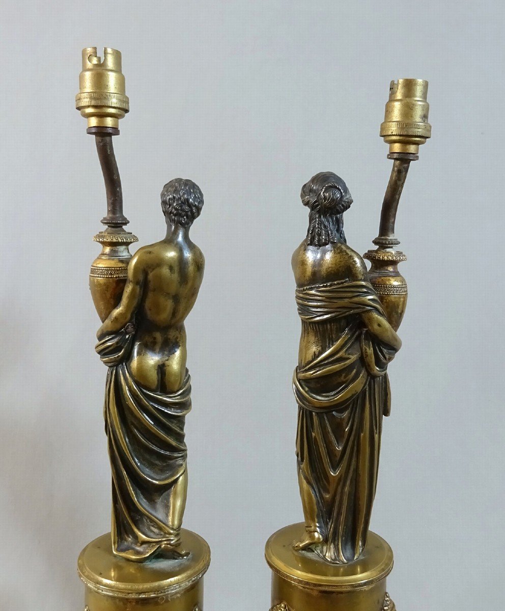 Pair Of Statuettes In The Antique Style On Column Pedestal, Restoration Period, Mounted Later As A Lamp-photo-2