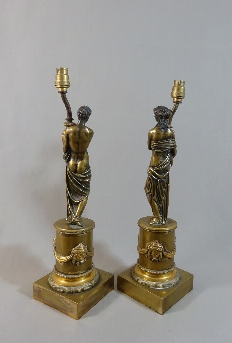 Pair Of Statuettes In The Antique Style On Column Pedestal, Restoration Period, Mounted Later As A Lamp-photo-3