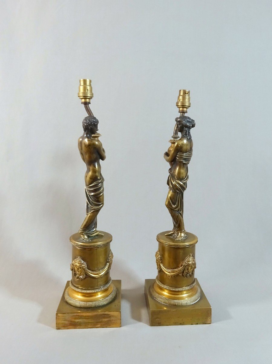 Pair Of Statuettes In The Antique Style On Column Pedestal, Restoration Period, Mounted Later As A Lamp-photo-4