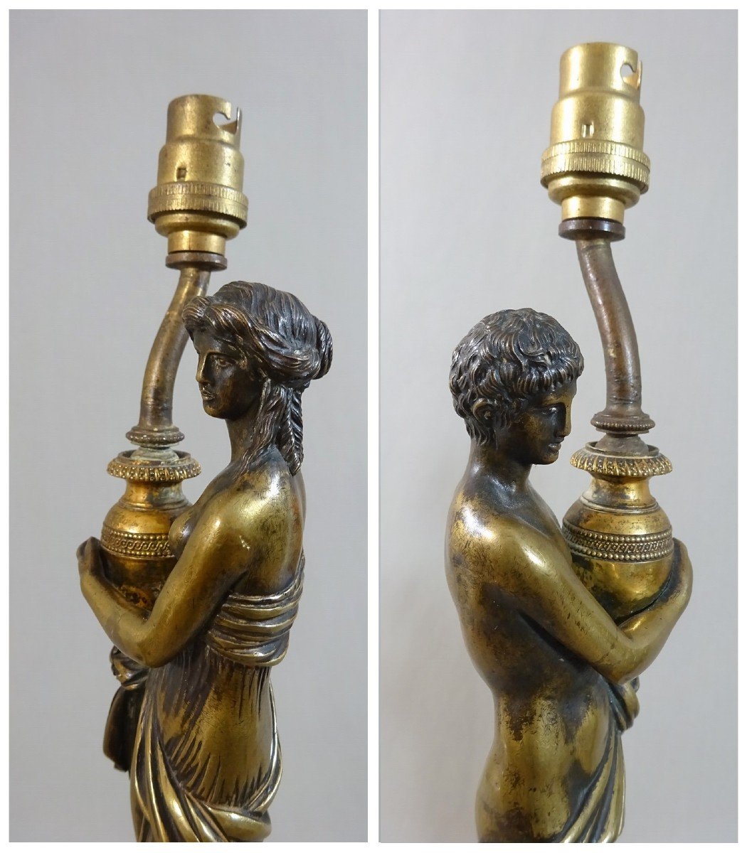 Pair Of Statuettes In The Antique Style On Column Pedestal, Restoration Period, Mounted Later As A Lamp-photo-5