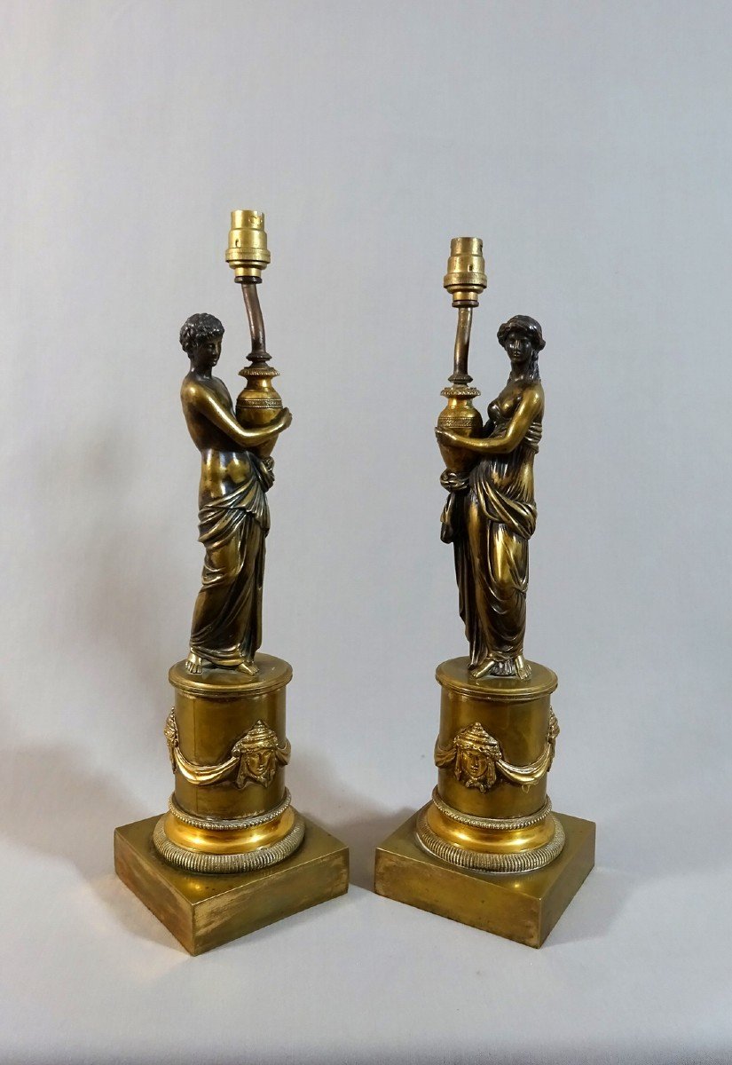 Pair Of Statuettes In The Antique Style On Column Pedestal, Restoration Period, Mounted Later As A Lamp-photo-6