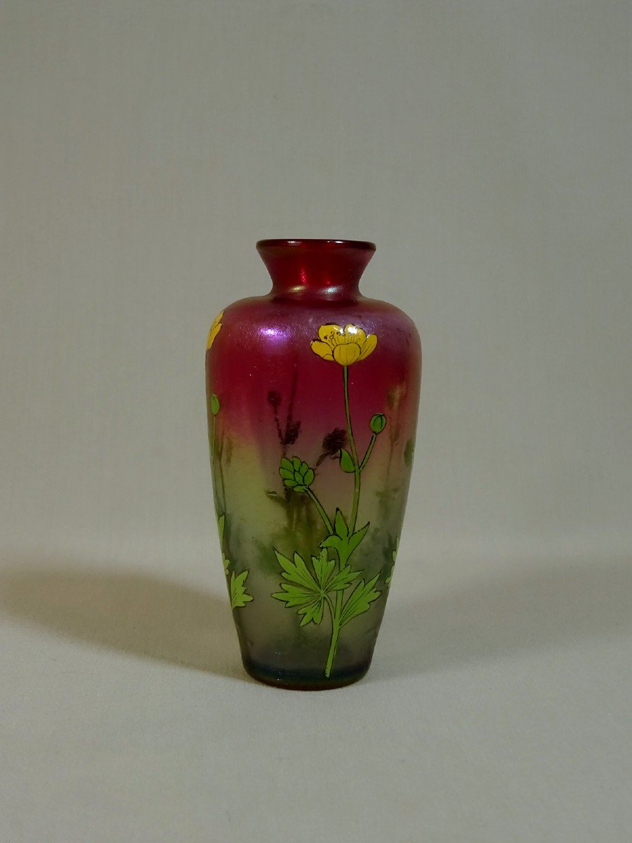Fritz Heckert,  Art Nouveau Period Vase In Iridescent Blown Glass & Buttercups Enamel Decor, Circa 1900-photo-1