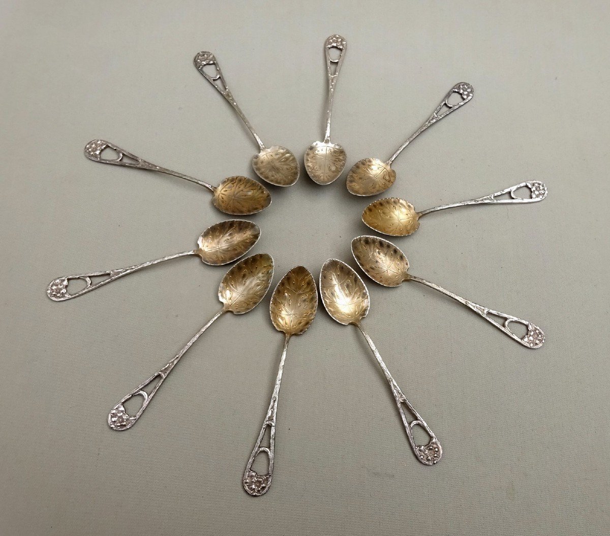 Goldsmith Miele, Ten Small Mocha Spoons, Charming Art-nouveau Naturalist Model-photo-5