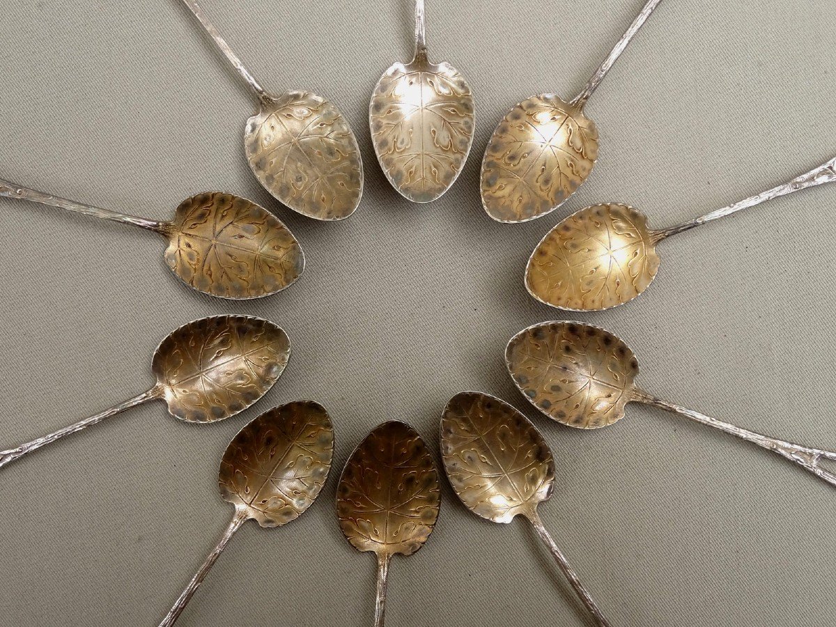 Goldsmith Miele, Ten Small Mocha Spoons, Charming Art-nouveau Naturalist Model-photo-6