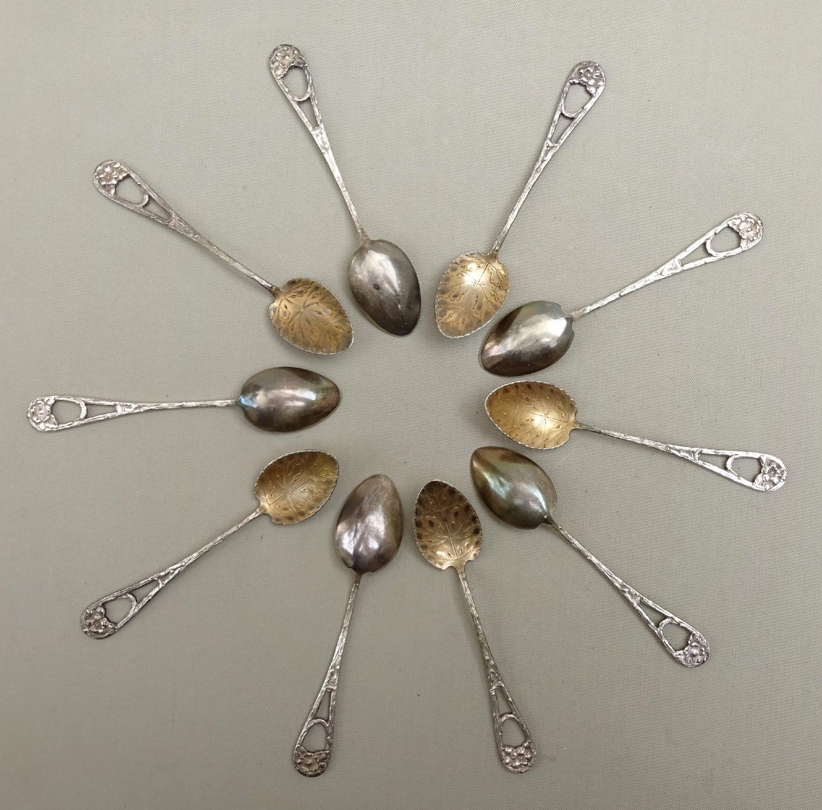 Goldsmith Miele, Ten Small Mocha Spoons, Charming Art-nouveau Naturalist Model-photo-8