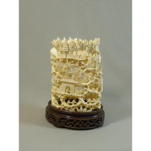 China, Canton Late 19th Century, Carved Ivory, Mountain And Rockwork Trees, Well-read Persons And Architectures.