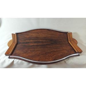 Large Art Deco Tray Rosewood, Walnut And Chromed Metal Tray, Circa 1930