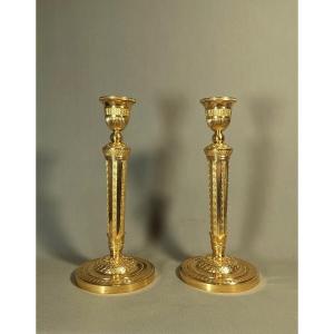 Antique Pair Gilt Bronze Candlesticks, Empire Style, Goldsmith Charleschristofle, Circa 1850