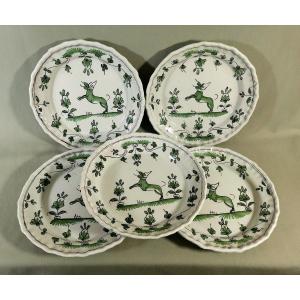 Bordeaux Faience, 5 18th Century Plates, Greyhound Decor, Shades Of Green & Manganese