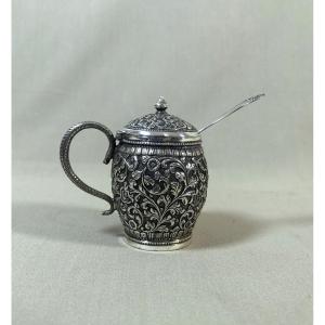 Mustard Pot, Western Indian Kutch Silver, Very Beautiful Handmade Object, Repoussé And Chiseled