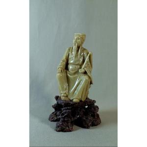 China 19th Century, Qing Dynasty, Dignitary Figure, Steatite Sage, Shaded Green Color