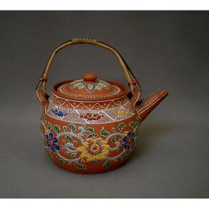 China Late 19th Century, Antique Yixing Brown Stoneware Teapot, Lotus Enamel Decor, Clouds