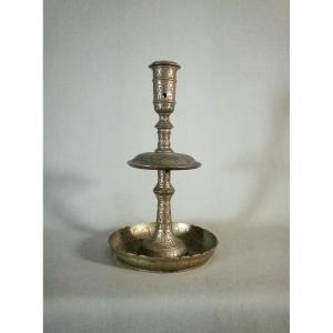 19th Century Brass Candlestick Or Torch With Engraved Decoration Of Characters,  Iran Qajar Art