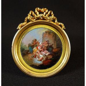 François Boucher Or Circle Artist Of, Cinq Amours Or Putti Jouant, Tondo Oil Paint Miniature