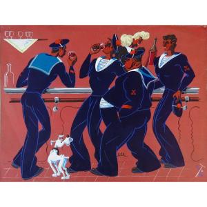 Claude Coullet, Gouache Caricature, The Navy Guys, Pillars Counter, Chez Lignières