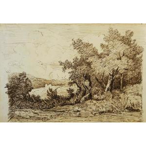 Franz Kobell, Double-sided Pen Drawing Of A Wooded Landscape & Study Of Characters