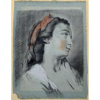 Joseph Benoit Suvee, Large Drawing Eighteenth On Gray / Blue Paper Portrait Of Woman