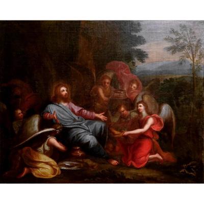 Oil S / Canvas, French School Seventeenth, Biblical Scene, Christ Surrounded Archangels