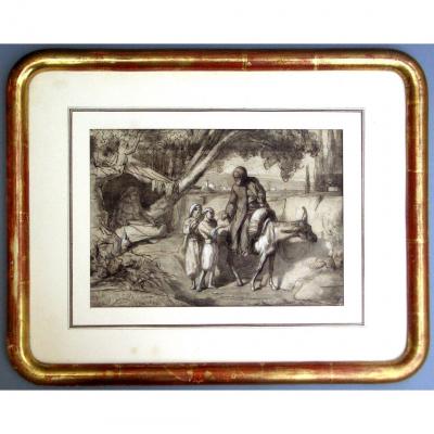 Alexandre Bida Beautiful Orientalist Drawing, Charcoal, Feather & Highlights Of White