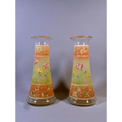 Pair Of Art Nouveau Diabolo Vases Decorated To Carnation Flowers And Virgin Vine , Legras Or Style, Circa 1900