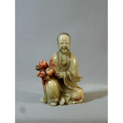 Luohan, XVIIIth China, Qing Dynasty, Qianlong Period, Soapstone Statuette In Gray Green Celadon And Crimson Infused