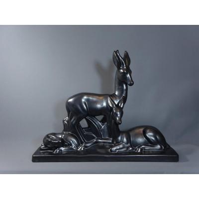 Charles Lemanceau, Importante Céramique Noir Lustre, Sculpture Epoq Art Déco Figurant Antilopes ou Gazelles