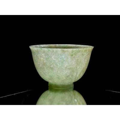 China, Translucent Celadon Jade Speckled Old Cup Or Bowl Resting On Small Base, Qing Period, Late 19th-early 20th