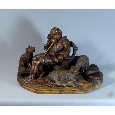 18th Century Wooden Sculpture, Rest Of The Little Shepherd Dozing With His Dog And Sheeps (signed; To Be Identified).
