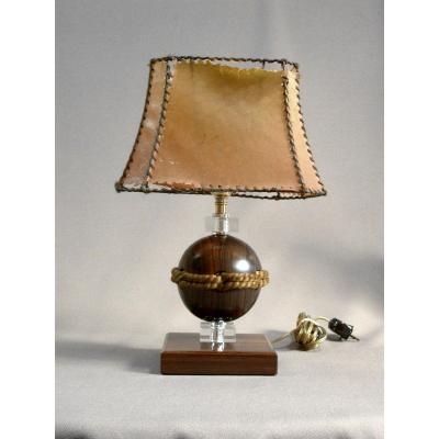 Singular Beautiful Period Art Deco Lamp In Macassar Ebony, Crystal And Cordage, Circa 1930