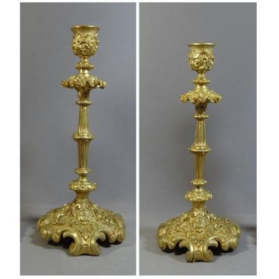 Pair Of 19th Century Torches In Richly Crafted Gilt Bronze, Decor Of Female Masks, Flowers Etc