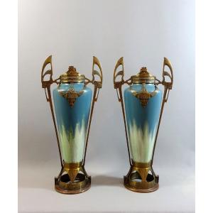Pair Of Art Nouveau Vases In Ceramic And Bronze Mount, Jugendstil Style By Johann Von Schwarz, Circa 1910