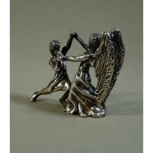 Judaica Sculpture Statuette In Silver, Fight Of Jacob Israel With The Angel, Lost Wax Casting, Possible Work Of The Duchess Of Uzès