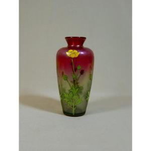 Fritz Heckert,  Art Nouveau Period Vase In Iridescent Blown Glass & Buttercups Enamel Decor, Circa 1900