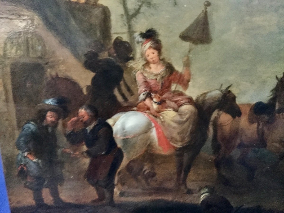  Peinture « Départ De Voyageurs à Cheval «  Entourage De Wouwerman,fin XVIIe-photo-2