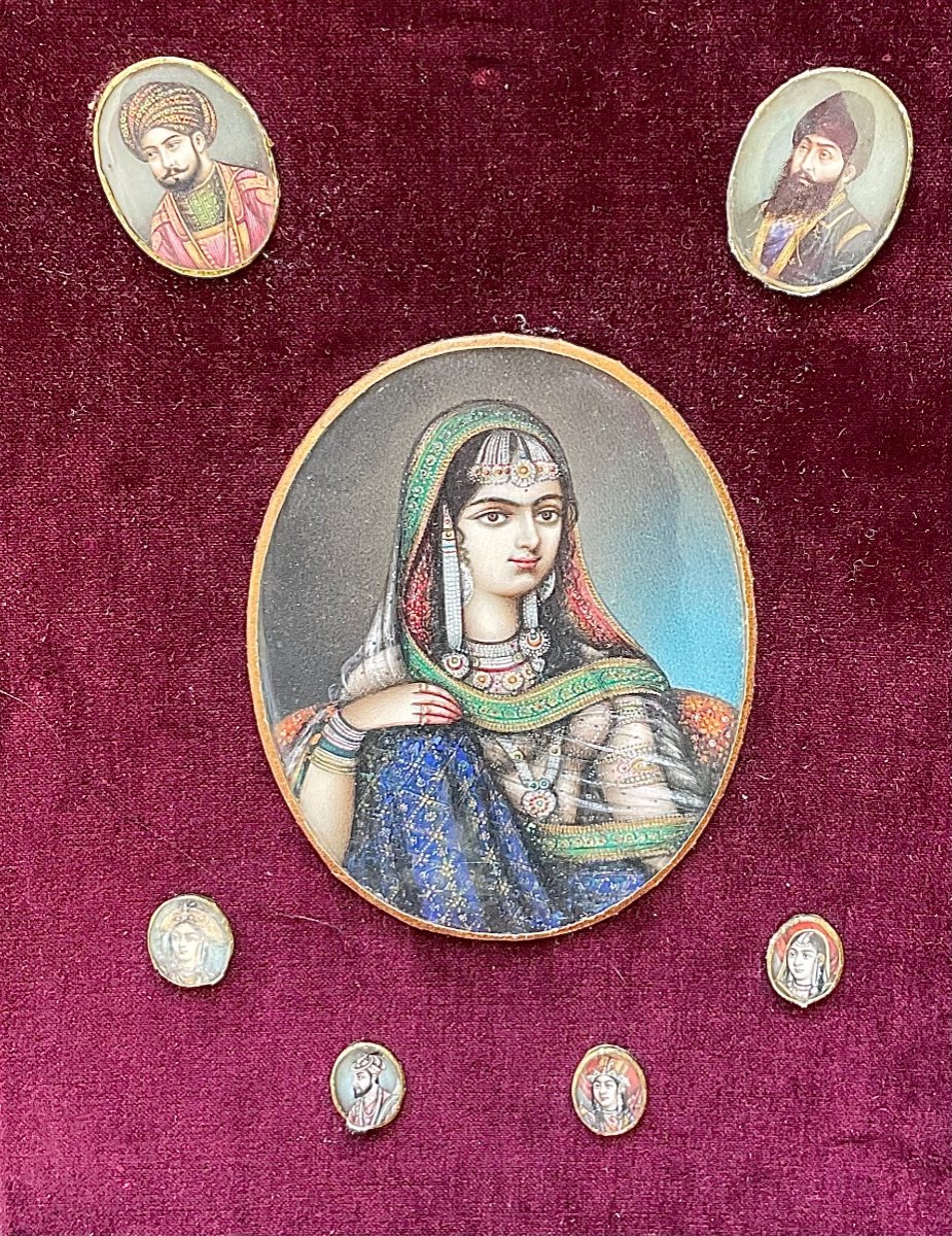 Sept Miniatures Moghols: Portraits De Beghum Zeenat Mahal Et De Sa Famille , XIXeme-photo-2