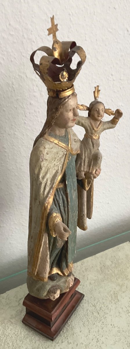 Vierge à L’enfant En Bois  Sculpté, Peint Et Couronné (métal ),colonial XIXé-photo-2