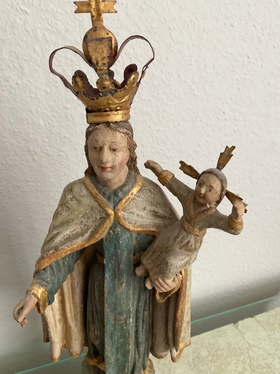 Virgin And Child In Carved, Painted And Crowned Wood (metal), 19th Century Colonial-photo-1